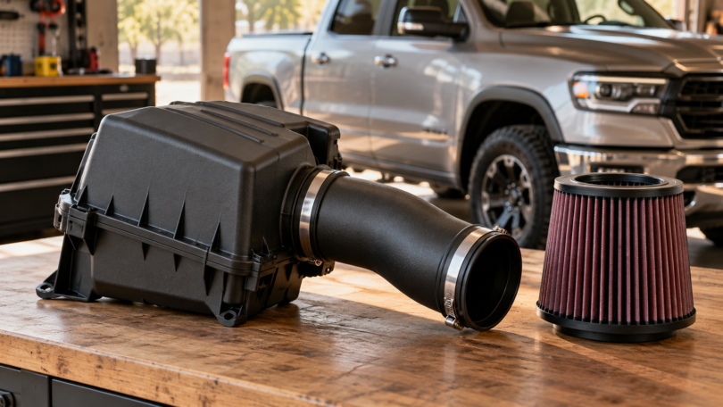 Black airbox, intake tube and pleated filter on a workbench with a silver pickup behind them