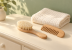 Wooden baby hairbrush and wide-tooth comb beside a folded cream washcloth