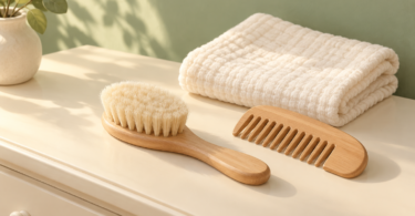 Wooden baby hairbrush and wide-tooth comb beside a folded cream washcloth
