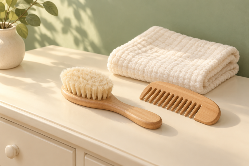 Wooden baby hairbrush and wide-tooth comb beside a folded cream washcloth