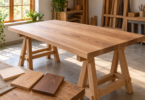 Wood tabletop panel on two trestles with three pale-to-dark wood samples in the foreground