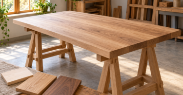 Wood tabletop panel on two trestles with three pale-to-dark wood samples in the foreground