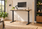 Illustration of a raised standing desk with a monitor,keyboard and an unnumbered measuring stick beside it