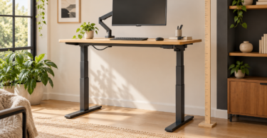 Illustration of a raised standing desk with a monitor,keyboard and an unnumbered measuring stick beside it