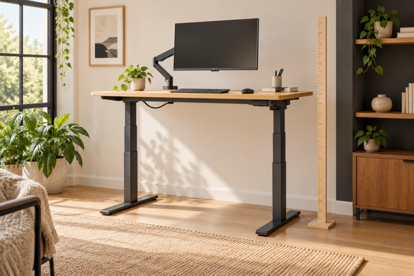 Illustration of a raised standing desk with a monitor,keyboard and an unnumbered measuring stick beside it