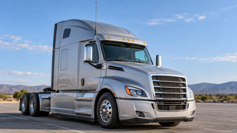 Silver semi-truck tractor parked outdoors with a vertical antenna beside its cab