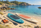 Illustration of two paddleboards, a paddle and an orange flotation vest resting on a beach beside a calm coastal bay