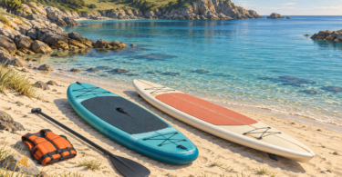 Illustration of two paddleboards, a paddle and an orange flotation vest resting on a beach beside a calm coastal bay