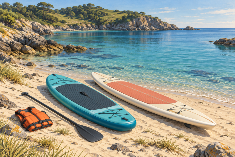 Illustration of two paddleboards, a paddle and an orange flotation vest resting on a beach beside a calm coastal bay