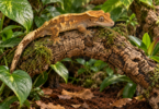 Crested gecko resting on a cork branch above dark substrate and fallen leaves