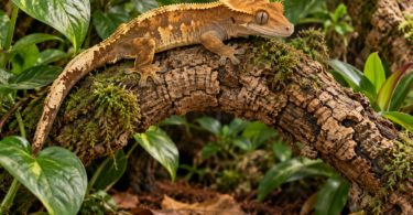 Crested gecko resting on a cork branch above dark substrate and fallen leaves