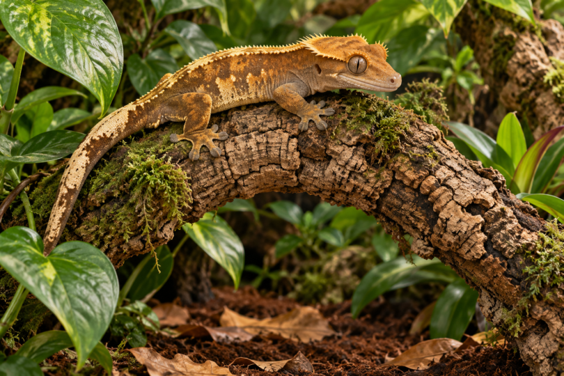 Crested gecko resting on a cork branch above dark substrate and fallen leaves