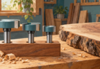 Illustration of three generic surfacing router bits in a wooden holder beside an unfinished live-edge slab