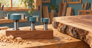 Illustration of three generic surfacing router bits in a wooden holder beside an unfinished live-edge slab