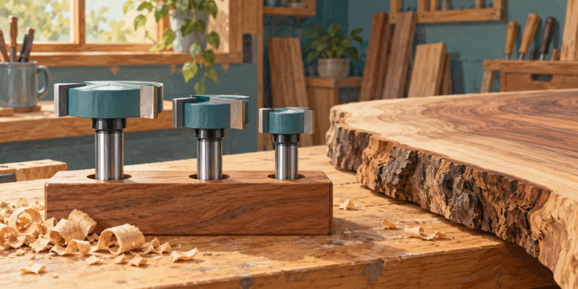 Illustration of three generic surfacing router bits in a wooden holder beside an unfinished live-edge slab