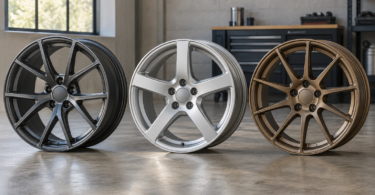 Original illustration of three unbranded alloy wheels in graphite, silver and bronze standing on a workshop floor