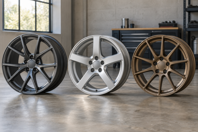 Original illustration of three unbranded alloy wheels in graphite, silver and bronze standing on a workshop floor
