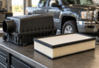 Unbranded pleated engine air filter and closed airbox on a workshop bench with a pickup in the background