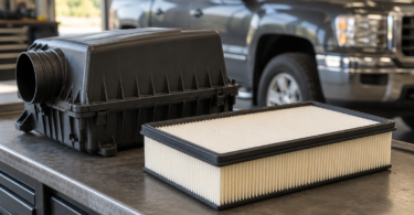 Unbranded pleated engine air filter and closed airbox on a workshop bench with a pickup in the background