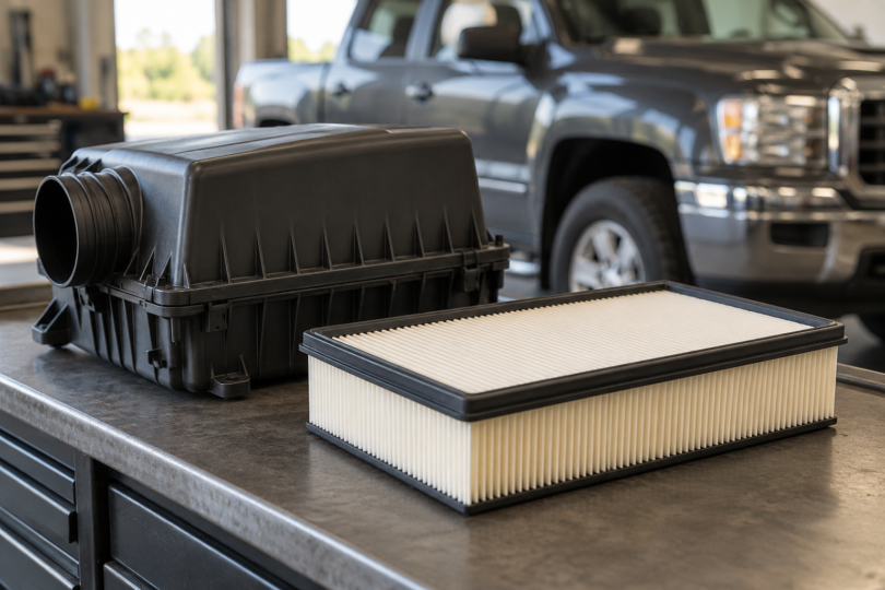 Unbranded pleated engine air filter and closed airbox on a workshop bench with a pickup in the background