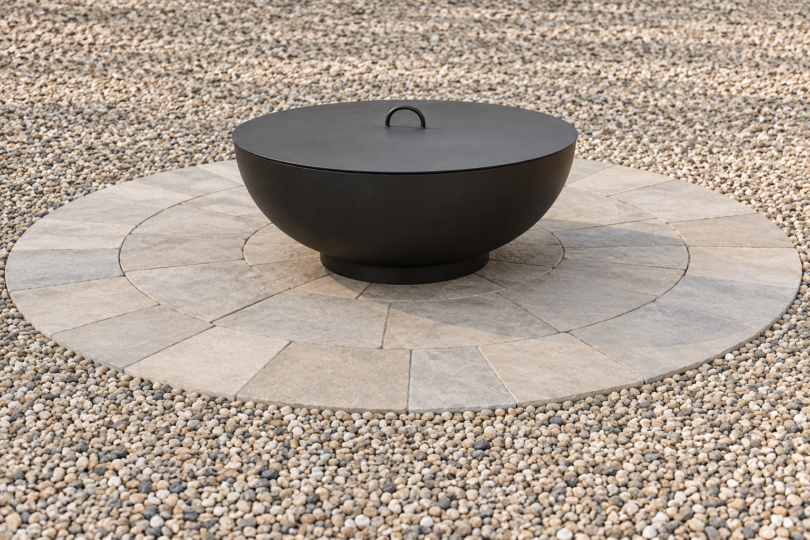 Covered black metal fire bowl on a circular paved pad surrounded by beige and gray landscaping gravel