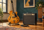 Illustration of an amber hollow-body electric guitar on a stand beside a dark combo amplifier and coiled cable in a sunlit room