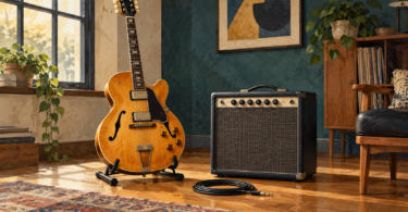 Illustration of an amber hollow-body electric guitar on a stand beside a dark combo amplifier and coiled cable in a sunlit room
