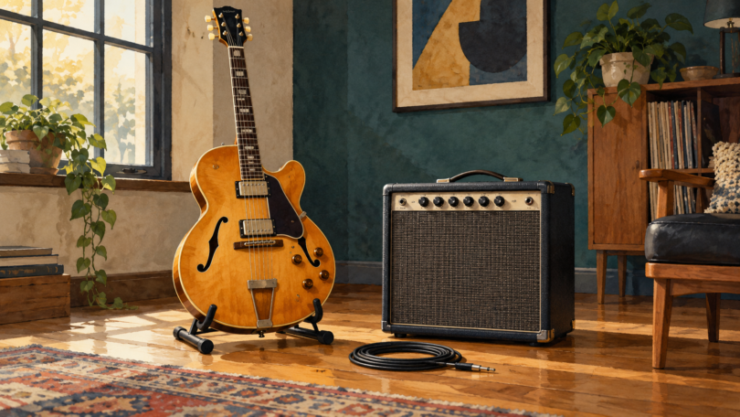 Illustration of an amber hollow-body electric guitar on a stand beside a dark combo amplifier and coiled cable in a sunlit room