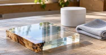 Clear resin and wood slab on a sunlit workbench beside a folded gray cloth and a plain white closed tub