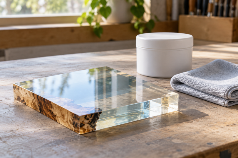 Clear resin and wood slab on a sunlit workbench beside a folded gray cloth and a plain white closed tub