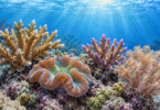 Illustration of branching, fleshy and soft corals arranged on reef rock underwater in a marine aquarium