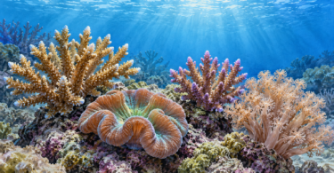 Illustration of branching, fleshy and soft corals arranged on reef rock underwater in a marine aquarium