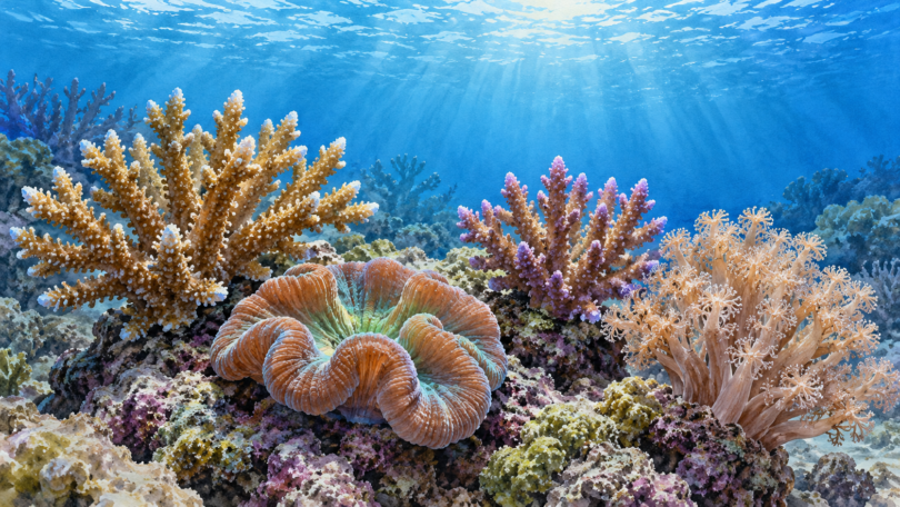 Illustration of branching, fleshy and soft corals arranged on reef rock underwater in a marine aquarium