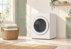 Illustration of an unbranded white compact front-loading dryer in a tidy utility corner beside a basket of towels