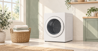 Illustration of an unbranded white compact front-loading dryer in a tidy utility corner beside a basket of towels