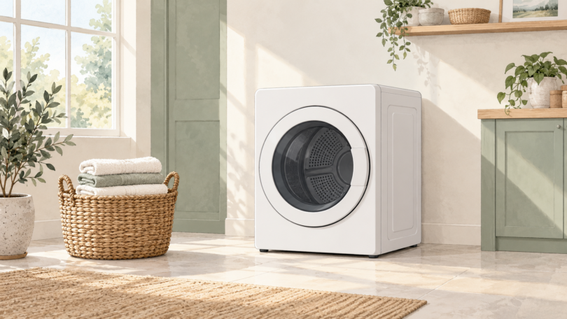 Illustration of an unbranded white compact front-loading dryer in a tidy utility corner beside a basket of towels