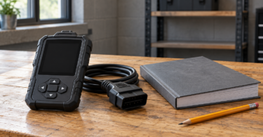 An unbranded automotive programmer with a blank screen and disconnected cable beside a closed handbook on a workbench.