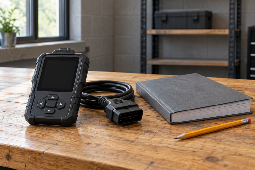 An unbranded automotive programmer with a blank screen and disconnected cable beside a closed handbook on a workbench.