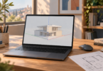 Illustration of a generic laptop showing a simple 3D house model beside a mouse and floor-plan drawing