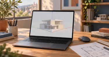 Illustration of a generic laptop showing a simple 3D house model beside a mouse and floor-plan drawing