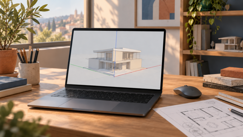 Illustration of a generic laptop showing a simple 3D house model beside a mouse and floor-plan drawing