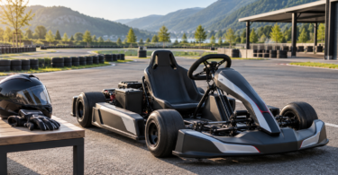 An unbranded electric-style go-kart parked beside an empty karting area, with a helmet and gloves on a bench.