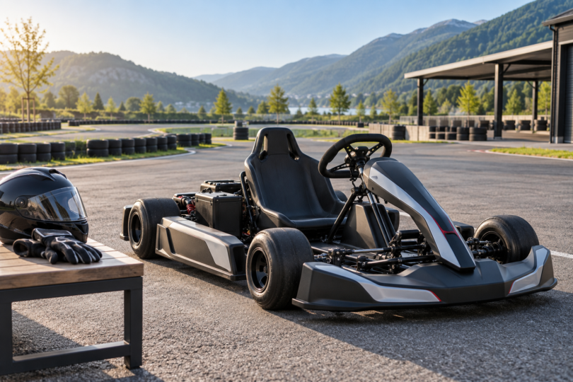 An unbranded electric-style go-kart parked beside an empty karting area, with a helmet and gloves on a bench.