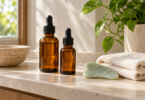 Two unbranded amber dropper bottles beside a pale green gua sha stone and a folded washcloth on a bathroom counter.