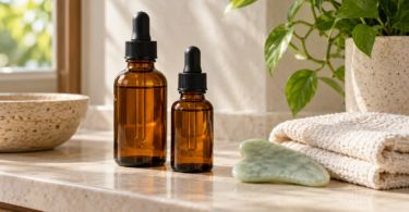 Two unbranded amber dropper bottles beside a pale green gua sha stone and a folded washcloth on a bathroom counter.