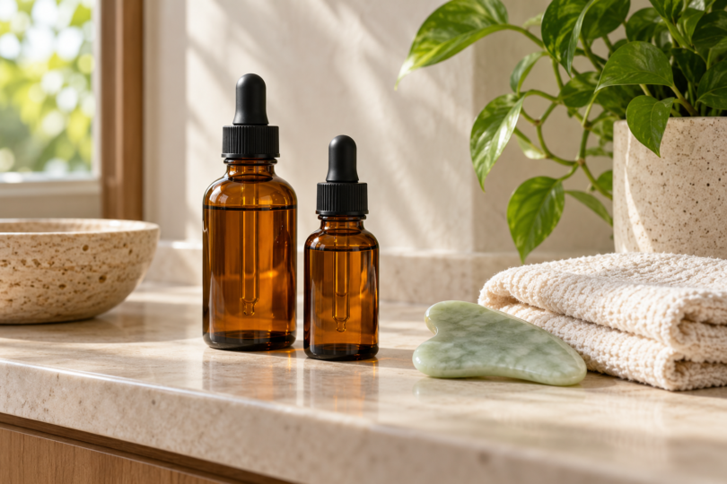 Two unbranded amber dropper bottles beside a pale green gua sha stone and a folded washcloth on a bathroom counter.