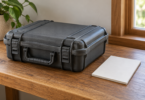Closed charcoal equipment case and a plain paper booklet on a wooden table beside a window