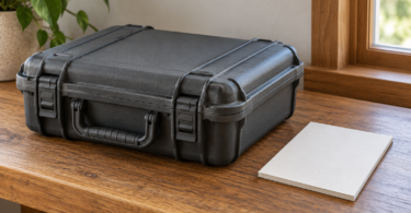 Closed charcoal equipment case and a plain paper booklet on a wooden table beside a window