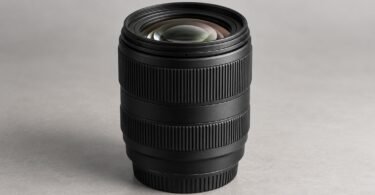 Generic unbranded black camera zoom lens standing on a gray studio surface