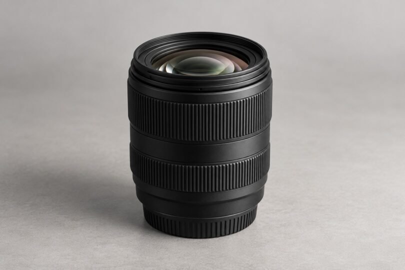 Generic unbranded black camera zoom lens standing on a gray studio surface